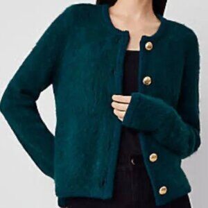 Ann Taylor Cardigan Sweater Women's Small Gold Buttons Hunter Green Jewel Toned